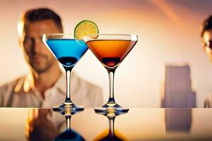 deux Hommes séance à une bar avec deux différent coloré boissons. généré par ai photo