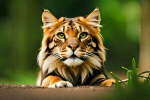 une tigre est séance sur le sol dans le forêt. généré par ai photo