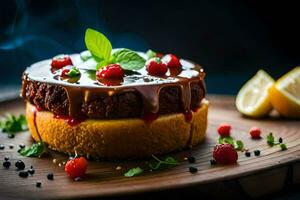 une gâteau avec baies et sirop sur Haut. généré par ai photo