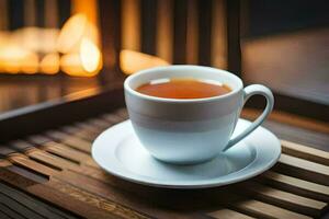 une tasse de thé sur une en bois plateau. généré par ai photo