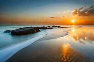 le Soleil ensembles plus de le océan et vagues. généré par ai photo