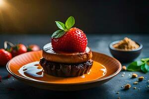 une dessert avec des fraises et Chocolat sur une plaque. généré par ai photo
