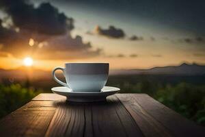 une tasse de café sur une en bois table dans le le coucher du soleil. généré par ai photo