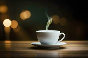 une tasse de café sur une en bois tableau. généré par ai photo