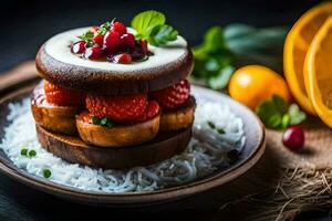 une assiette de nourriture avec des fraises et crème. généré par ai photo