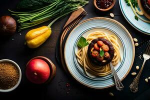 une assiette de Pâtes et des légumes avec une fourchette et couteau. généré par ai photo