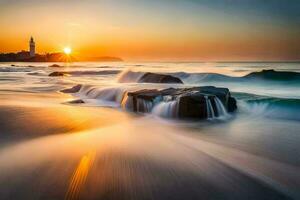 le Soleil monte plus de le océan et vagues. généré par ai photo