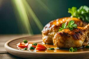 poulet jambes sur une assiette avec sauce et des légumes. généré par ai photo