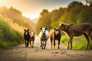 une groupe de les chevaux en marchant vers le bas une saleté route. généré par ai photo