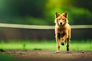 une chien fonctionnement sur une saleté route. généré par ai photo