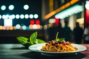 spaghetti avec Viande et des légumes sur une plaque. généré par ai photo