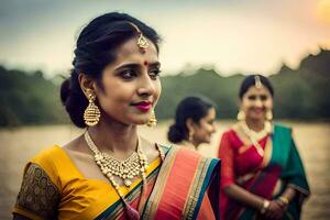 une femme dans une traditionnel sari avec or bijoux. généré par ai photo