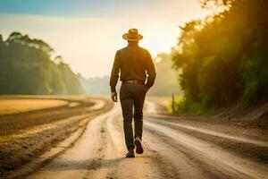 une homme dans une chapeau des promenades vers le bas une saleté route. généré par ai photo