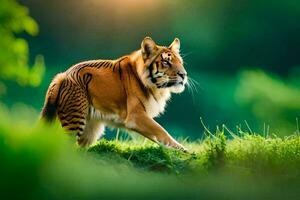 une tigre en marchant par une herbeux champ. généré par ai photo