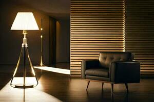 une chaise et lampe dans une pièce avec en bois des murs. généré par ai photo