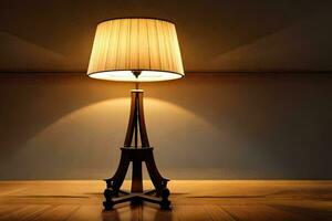 une lampe sur une en bois table dans une foncé chambre. généré par ai photo