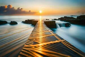 une en bois jetée élongation dans le océan à le coucher du soleil. généré par ai photo
