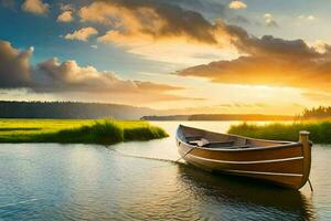 une bateau sur le l'eau à le coucher du soleil. généré par ai photo