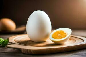 un Oeuf et moitié de il sur une Coupe planche. généré par ai photo