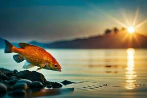 poisson rouge dans le l'eau à le coucher du soleil. généré par ai photo