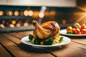 une poulet sur une assiette avec brocoli et tomates. généré par ai photo