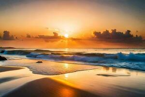 le Soleil monte plus de le océan dans cette magnifique plage scène. généré par ai photo