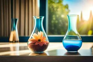 deux des vases avec fleurs dans leur sur une tableau. généré par ai photo