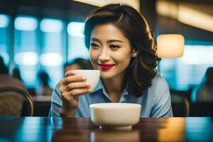 une femme est en buvant café dans une café. généré par ai photo