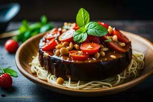 une assiette avec spaghetti et tomates sur il. généré par ai photo