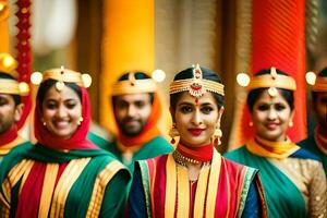 Indien mariage fête dans traditionnel tenue. généré par ai photo