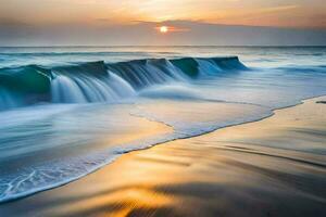 une magnifique le coucher du soleil plus de le océan avec vagues s'écraser dans le rive. généré par ai photo