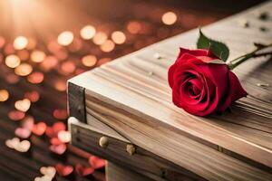 une Célibataire rouge Rose est séance sur une en bois boîte. généré par ai photo