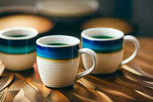 Trois café tasses avec vert thé sur une en bois tableau. généré par ai photo