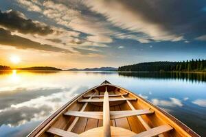 le bateau est sur le calme l'eau à le coucher du soleil. généré par ai photo