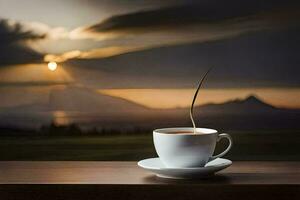 une tasse de café sur une table avec une vue de le montagnes. généré par ai photo