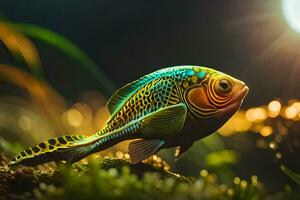 une coloré poisson dans un aquarium avec herbe et les plantes. généré par ai photo