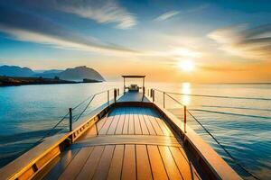 une bateau est amarré à le fin de une Dock à le coucher du soleil. généré par ai photo