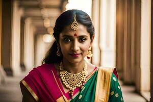 une femme dans une sari avec or bijoux. généré par ai photo