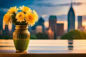 Jaune fleurs dans une vase sur une table avec une ville dans le Contexte. généré par ai photo