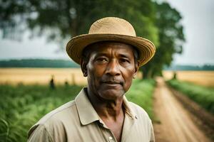 un africain américain homme dans une chapeau permanent dans une champ. généré par ai photo