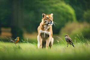 une tigre et une oiseau dans le herbe. généré par ai photo