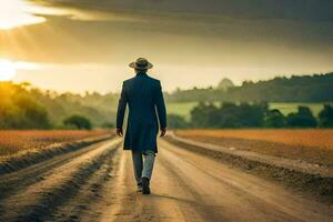 une homme dans une chapeau et manteau en marchant vers le bas une saleté route. généré par ai photo