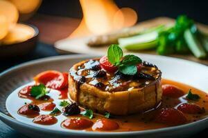 une assiette avec une dessert sur il et une Feu. généré par ai photo