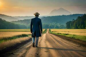 une homme dans une costume et chapeau des promenades vers le bas une saleté route. généré par ai photo