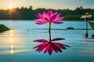 une rose lotus fleur est réfléchi dans le l'eau à le coucher du soleil. généré par ai photo