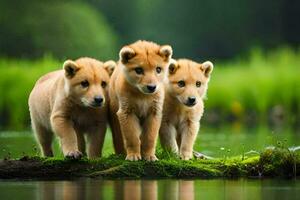 Trois chiots permanent sur une Journal dans le l'eau. généré par ai photo