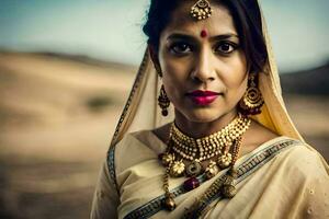une magnifique Indien femme portant traditionnel bijoux. généré par ai photo