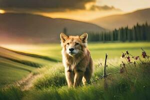 une Lion en marchant par une champ à le coucher du soleil. généré par ai photo