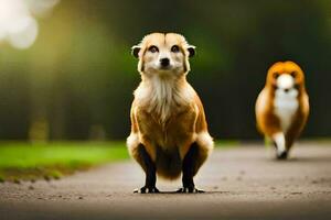 deux chiens sont permanent sur le route. généré par ai photo