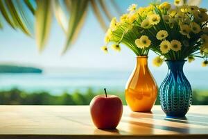 fleurs dans des vases et un Pomme sur une tableau. généré par ai photo